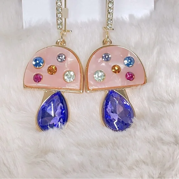 NEW Betsey Johnson Mushroom Earrings Pink Enamel Blue Crystal Dangle Gold Tone‎ - Picture 2 of 3